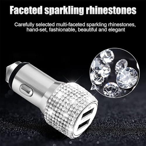 Bling Dual USB Car Charger with 3-in-1 Multi Fast Charging Cable, Dual Port Charger Adapter with Type C Micro USB Cord for iPhone, Android, Rhinestones Car Interior Accessories for Women(White) thumbnail 2