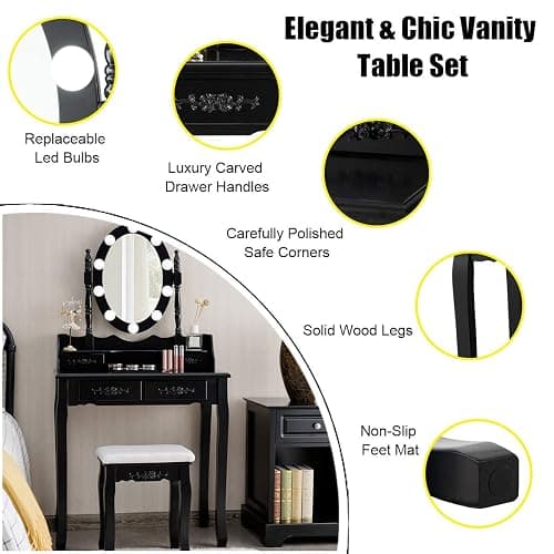 Giantex Makeup Vanity Table with 10 LED Lights, Adjustable Brightness, 4 Drawers, Rotatable Mirror, Cushioned Stool, Vanity Desk Dressing Table Bedroom Furniture (Black) thumbnail 7