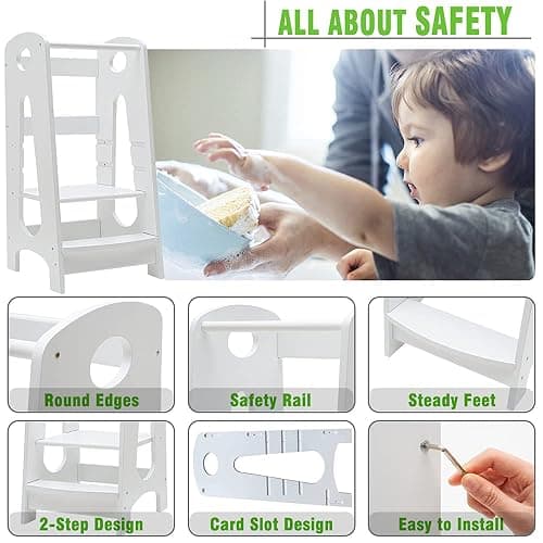 KATARUS Kitchen Step Stool for Kids and Toddlers with Safety Rail Children Standing Tower for Kitchen Counter, 3 Heights Adjustable Solid Wood Step Up Learning Stool Mother's Helper, Solid Wood, White thumbnail 4