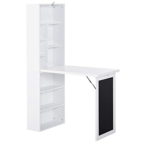 Zentrava Foldable Wall Mounted Desk with Storage Shelves, Fold Out Convertible Computer Table with Blackboard, Folding Writing Table Workstation for Small Spaces,Home Office (White) thumbnail 9