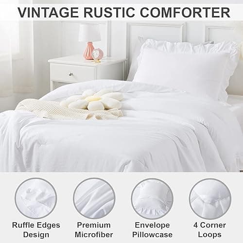 Andency White Comforter Twin Size, 2 Pieces Solid Farmhouse Shabby Chic Ruffle Bedding Comforters & Sets, All Season Soft Lightweight Fluffy Bed Set for Kids Girls Teens - White - Twin thumbnail 4