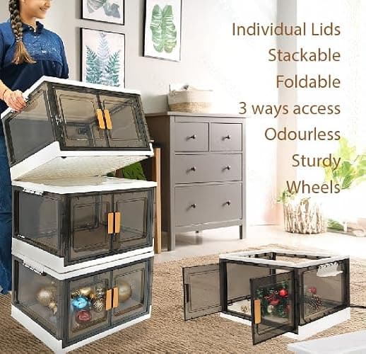 Vertical Box 86L Plastic Storage Cabinet with Wheels, Stackable and Collapsible Storage Boxes with Individual Lids, Toy Storage Container with Doors, Wardrobe, Home Office Organiser (Pack of 1) thumbnail 5