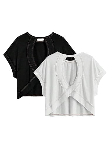 RoseSeek Girl's 2 Packs Open Back Backless Tops Criss Cross Short Sleeve T Shirts Crewneck Casual Tees - Image 1