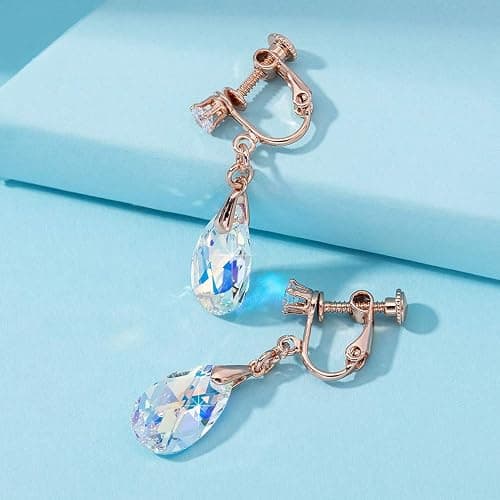 Teardrop Austrian Crystal Drop Clip On Dangle Earrings for Women Non Pierced 14K Rose Gold Plated Hypoallergenic Jewelry thumbnail 3