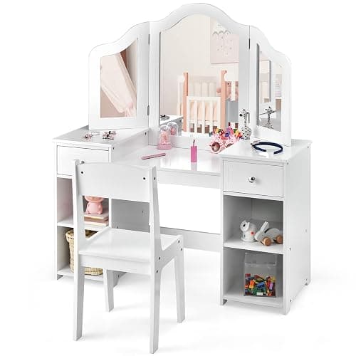 AKUSTIK Kids Vanity, 2 in 1 Wooden Princess Makeup Table and Chair for Toddlers with Tri-Folding Detachable Mirror, Storage Drawers for Little Girls, Pretend Beauty Dressing Desk Play Set Toy Gift thumbnail 9