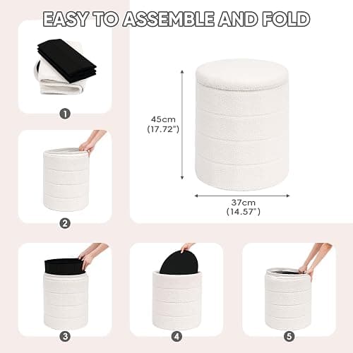 PINPLUS Round Storage Ottoman Foot Rest Stool with Tray Velvet Sherpa Folding Storage Ottoman,Boucle Foot Rest for Living Room, Bedroom, Dorm（White） thumbnail 3