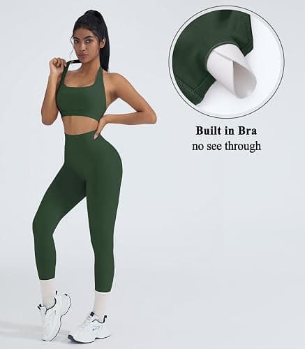 OMKAGI 2 Piece Workout Sets for Women Halter Sports Bras Gym Sets Booty Leggings Outfits thumbnail 3