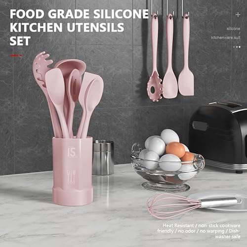 Silicone Cooking Utensils Set - 446°F Heat Resistant Kitchen Utensils,Turner Tongs,Spatula,Spoon,Brush,Whisk,Kitchen Utensil Gadgets Tools Set for Nonstick Cookware,Dishwasher Safe BPA Free(Pink) - Pink thumbnail 3