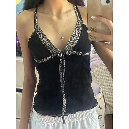 Emo Coquette Cropped Top Grunge 2000s Spaghetti Strap Tops Streetwear Vintage Camisole Y2k Cheetah Tops thumbnail 2