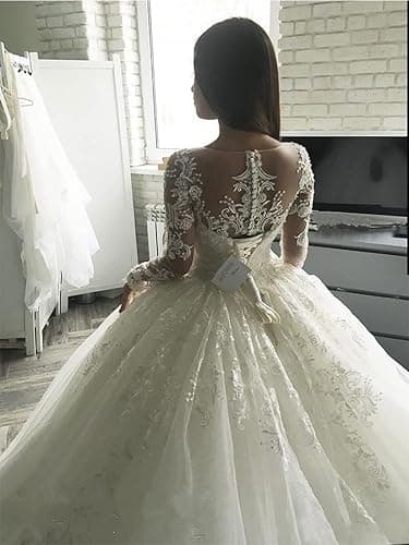 XYAYE Long Sleeve Wedding Dresses for Bride Lace Applique Modest Wedding Gowns with Train Bridal Dresses for Women - 10 - White thumbnail 4