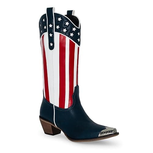 RKQ Women's Flag Mid Calf Cowboy Boots Chunky Block Heel Pull On Wide calf Metal Pointed Toe Western Cowgirl Booties classic sexy party Boots - Image 1