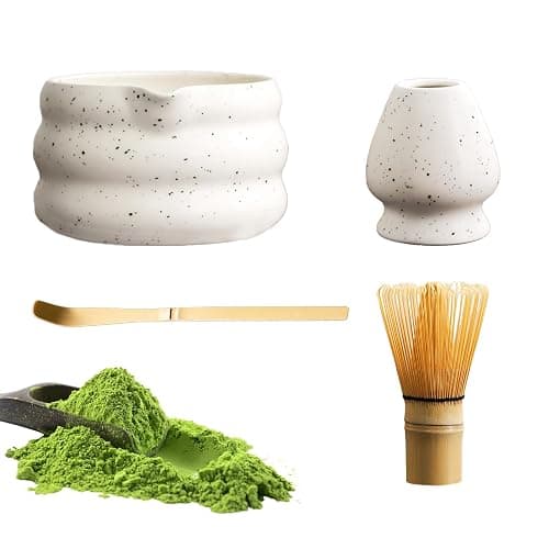 4PCS Matcha Tea Set with Whisk and Bowl, Traditional Bamboo Chasen Matcha Whisk & Handmade Ceramic Matcha Bowl with Spout (White) - Image 1