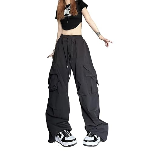Xinor Baggy Parachute Pants for Womens Wide Leg Cargo Pants Y2k with Pockets Boyfriend Harajuku Streetwear Goth thumbnail 2
