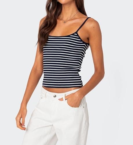 Women Stripe Print Cami Top Y2k Spaghetti Strap Backless Crop Tank Aesthetic Sleeveless Slim Fit Going Out Tops thumbnail 2