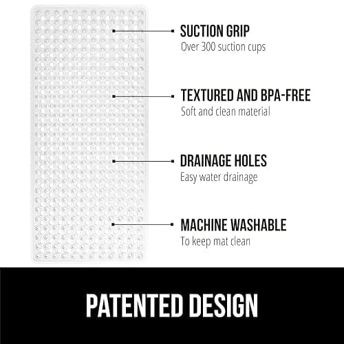 GORILLA GRIP Patented Bath Tub Shower Mat, Machine Washable Bathtub Floor Liner Mats, Suction Cups and Drain Holes to Keep Tubs Clean, Soft on Feet, Bathroom Essentials, 35x16 Inch, Clear thumbnail 3