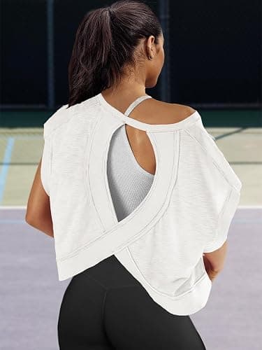Panadila Womens Open Back Workout Top Oversized Workout T Shirts Backless Athletic Shirt Short Sleeve Baby Tee thumbnail 4
