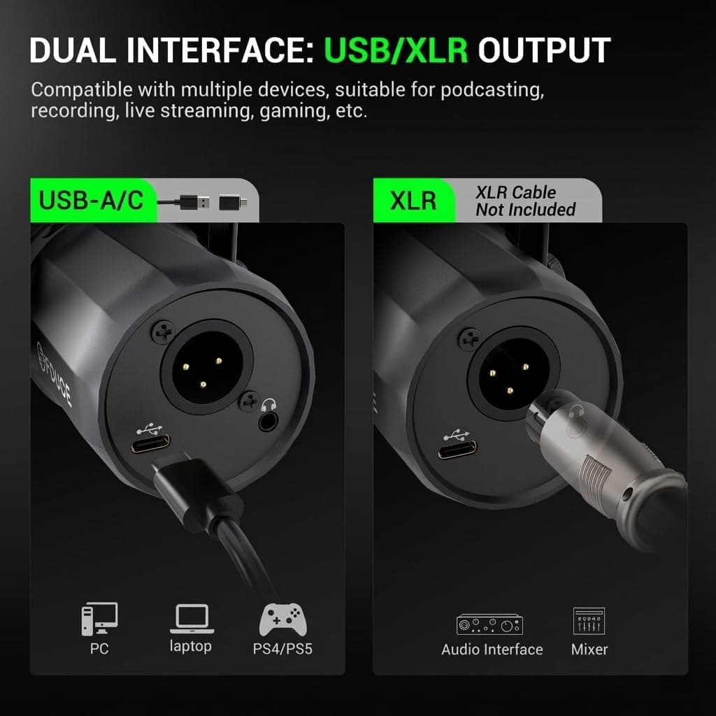 FDUCE Dynamic Microphone, XLR/USB Podcast Recording PC Microphone for Vocal Voice-Over Streaming, Studio Metal Mic with Mute, Headphone Jack, Monitoring Volume Control, with Boom Arm (SL40+) thumbnail 4
