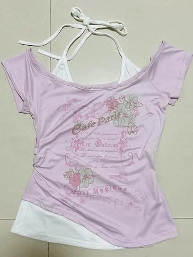 Baby Tee Y2k Women Grunge Top Emo 2000s Vintage Fake Two Piece Short Sleeve T Shirt Crop Tops Teens thumbnail 3