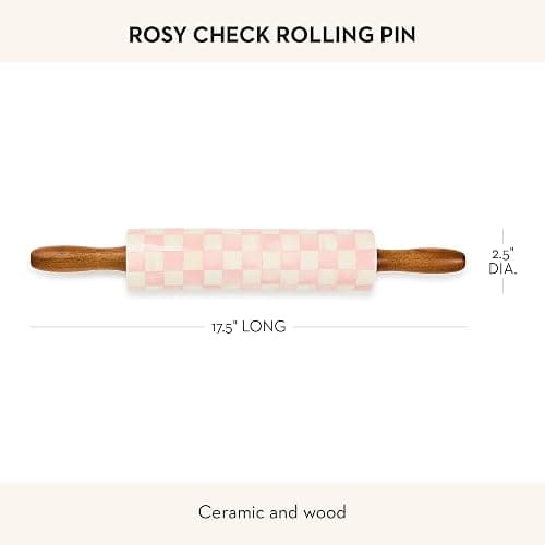 MACKENZIE-CHILDS Rolling Pin, Ceramic Decorative Roller Pin for Baking, Pink-and-White Rosy Check thumbnail 2