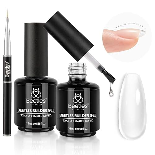 Beetles Builder Gel Kit-Dew Glow 2Pcs 0.51oz 8 in 1 Nail Extension Building Nail Apex Strengthener for Thin Nails with Liner Brush DIY Salon at Home for Beginners,UV & LED Lamp Needed - Image 1