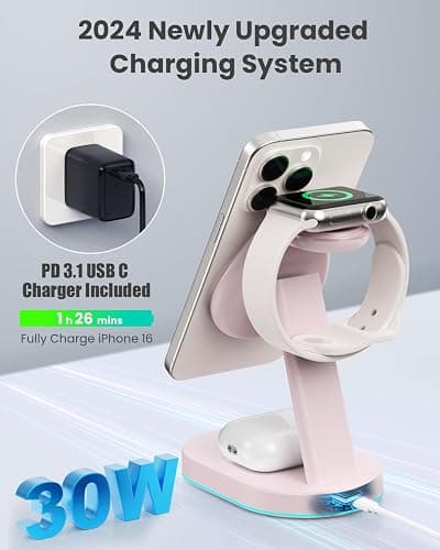 3 in 1 Wireless Charger Charging Station for iPhone,Qi2 Certified 15W Magnetic Charging Stand for Mag-Safe with 30W USB C Adapter&Friendly Night Light for iPhone 16/15/14/13/12,Apple Watch,AirPods thumbnail 3