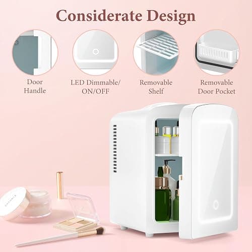 Xbeauty Skincare Mini Fridge With Dimmable LED Mirror, 4L Mini Makeup Refrigerator for SkinCare, Cosmetics, Food & Drinks, Portable Small Refrigerator for Bedroom, Dorm, Car, Office, white - White thumbnail 5