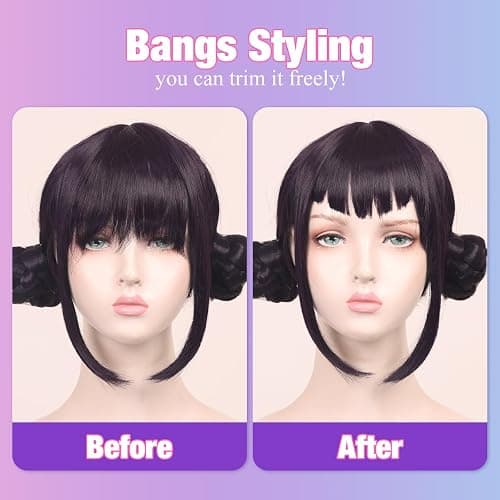 FantaLook Short Black Purple Cosplay Wig with 2 Buns for Halloween Party Costume（Small Size） thumbnail 7