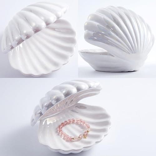 Denique Shell Jewelry Dish Tray, Ceramic Trinket Tray Clamshell Jewelry Storage Dish, Ring Holder Dish Key Bowl, Decorative Jewelry Plate, Cute Jewelry Organizer for Room Decor (White) thumbnail 6