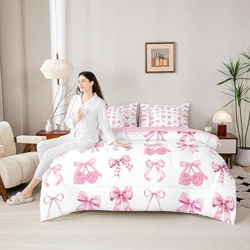 Feelyou Pink Bow Kids Comforter Set with Sheets,Boys Girls Twin Size,Disco Light Ball Print 7 Piece Bedding Set,Cute Coquette Bow Knot Bed in a Bag,Butterfly Knot Princess All Season Bowknot thumbnail 6