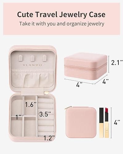 VLANDO Travel Jewelry Case - Teacher Appreciation Gifts for Women - Small Jewelry Travel Organizer Box Travel Essentials Gift for Teen Girl Women - Pink thumbnail 2