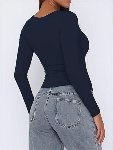 ForeFair Women Square Neck Long Sleeve Going Out Tops Tight Double Lined Basic Tees Shirt thumbnail 3