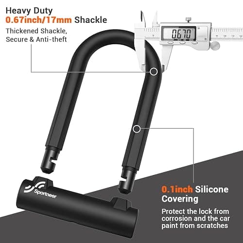 Sportneer Bike Lock: Heavy Duty Anti Theft Bike U Lock with 5ft Security Steel Cable - 17mm Shackle Bicycle U-Locks with 2 Keys & Mounting Bracket for Road Mountain Bike, Size 7.76''x5.02'', 1.64lb thumbnail 3