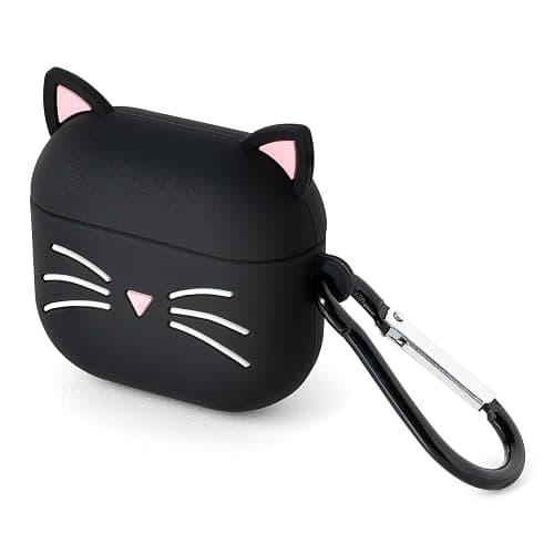 Mouzor for AirPods 4 Case, Cute Black Whisker Cat AirPods 4th Generation (2024) Case Funny 3D Cartoon Animal Shockproof Soft Silicone Charging Cases Cover with Carabiner for Kids Girls Women thumbnail 3