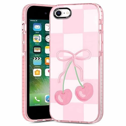 RUMDEY 2 Pack Cute Coquette Bow Phone Case for iPhone 7/8 / SE 2020/2022 4.7", Clear Aesthetic Pink Cherry Ribbon Checkered Pattern Print Design Women Girls Case Soft Shockproof TPU Funda Cover thumbnail 3