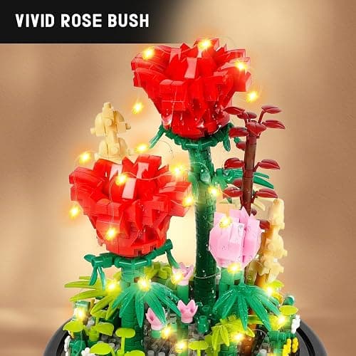 HOGOKIDS Flower Bouquet Building Kit with LED Lighting - 596 PCS Rose Sets with Cover Botanical Building Blocks | Birthday Mini Bricks Valentines Day Gift for Adult Girlfriend Wife (Red Roses) thumbnail 6