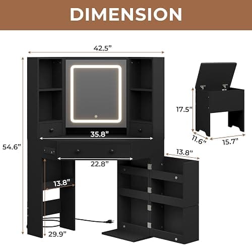 HAUOMS Vanity Desk with Mirror Lights, Storage Bench & Power Outlet, Corner Vanities with Rotating Cabinet & Drawers, 42.5" L Shaped Vanity Set, 3 Light Settings, for Women Girls, Modern Black thumbnail 2