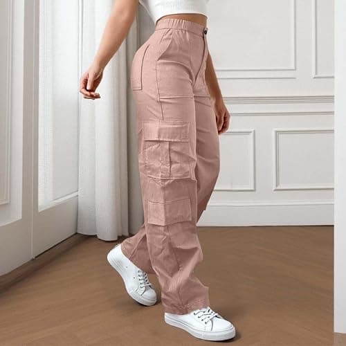 Cargo Pants for Women High Elastic Waisted Casual Baggy Wide Leg Hiking Pants Solid Color Streetwear with Pockets thumbnail 2