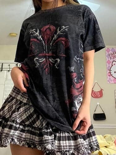 Women Fairy Grunge Clothes Y2k Short Sleeve Oversized Shirt Graphic Print Emo Top Aesthetic Vintage Teen Girl Tee thumbnail 2