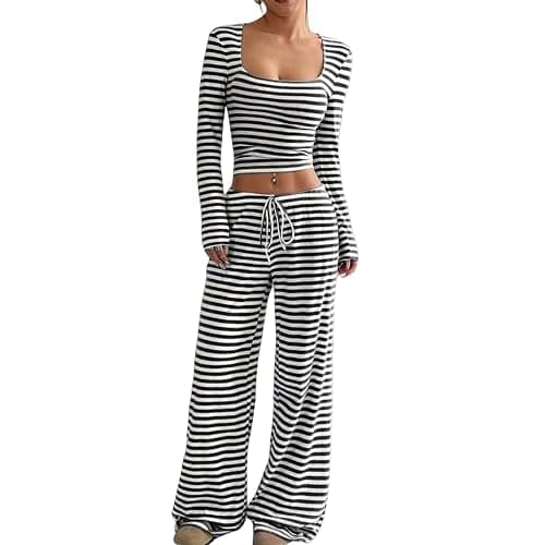Womens 2 Piece Outfits Striped Sets Square Neck Cropped Tops and Wide Leg Pants Beach Vacation Clothes Loungewear - Image 1