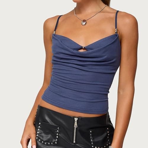 Yoisdtxc Women Cowl Neck Tank Top Layered Bra Spaghetti Strap Cutout Y2k Cami Shirt Sexy Beaded Going Out Top thumbnail 2