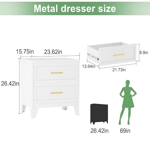 Ckzbx Metal Dresser Narrow Dresser for Bedroom Chest, 26.42" H Drawer Chest, Closet Dressers & Chests of Drawers for Living Room, Hallway (2 Drawers White 24inch Wide) thumbnail 3