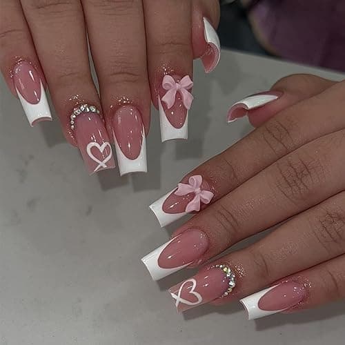 YKZFUI French Tip Press on Nails with Charms Medium Fake Nails White French Nails Press ons Cute Bow Stick on Nails Long Square Shape Acrylic Nails Heart Nails Rhinestones Nails for Women Daily Wear - French Nails 14
