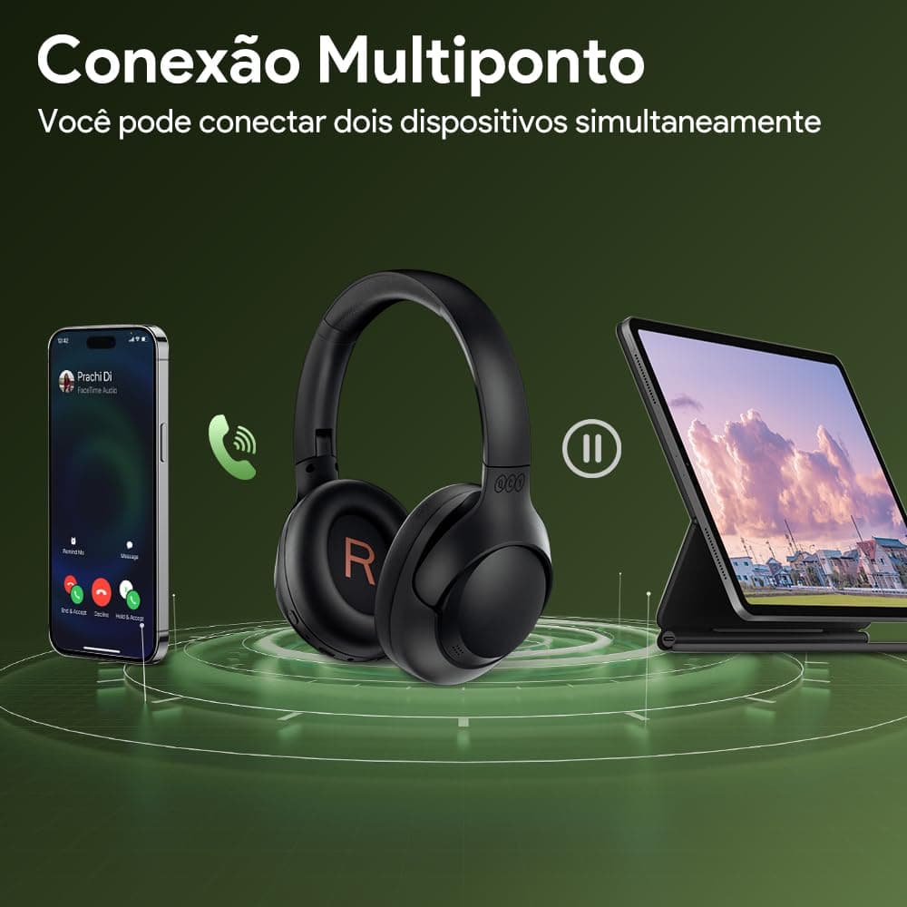 QCY H3 ANC Fone de Ouvido Bluetooth, Cancelamento de Ruído Ativo Headphone Bluetooth 5.4 Headset com Microfone, Certificação Hi-Res Audio, Conexão Multipontos, 60 horas reprodução, Preto - Preto thumbnail 6
