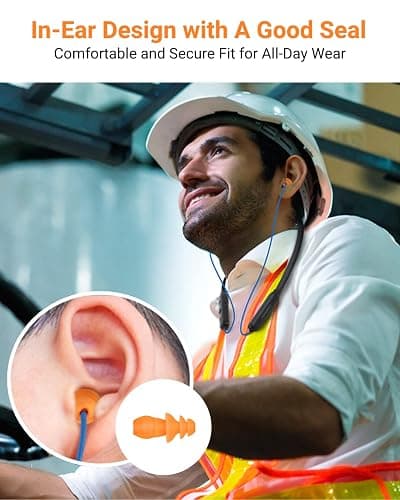 HomeSpot Noise Reduction Wireless Neckband Headphones with Qualcomm aptX HD, 27dB NRR, CVC Noise Cancelling Mic & Controls and 20H Playtime for Work Safety OSHA Compliant - Blue Wire Orange Earbuds thumbnail 5
