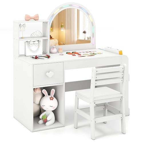 Costzon Kids Vanity with Lights, Girls Vanity Set with Mirror, Bookshelf, Drawer, Storage Cabinet & Shelves, Toddler Makeup Vanity Desk Dressing Table, Kids Vanity Table and Chair Set (White) - Image 1