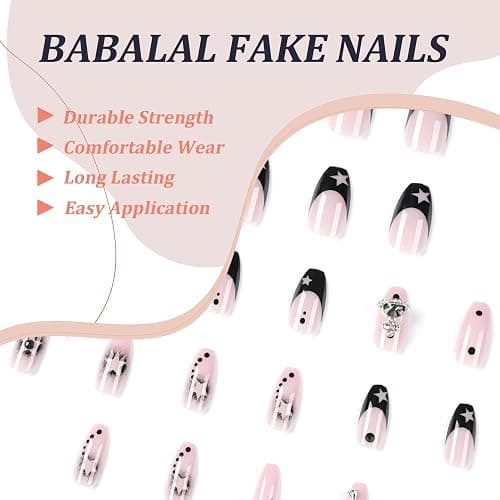 BABALAL Press on Nails Medium Coffin Gothic Y2K Planet Star Fake Nails | Rhinestone, with Charm, Halloween, Edgy Alt Style thumbnail 5