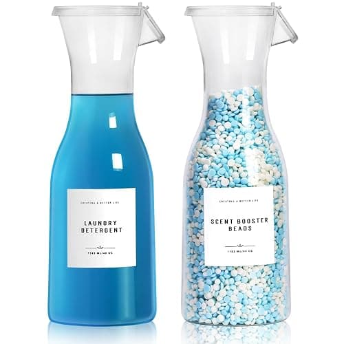 GIXSEGIE Laundry Detergent Dispenser Bottle 40oz with Waterproof Label for Laundry Detergent Soap Fabric Softener Bleach Scent Booster Beads, Sturdy PET Bottle for Laundry Room Decor 2 Pack White - Image 1
