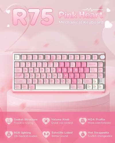 RK ROYAL KLUDGE R75 Mechanical Keyboard Wired with Volume Knob, 75% Keyboard Gasket Mounted, Hot Swappable, Creamy Sound, MDA Profile, PBT Keycaps, Pink thumbnail 2