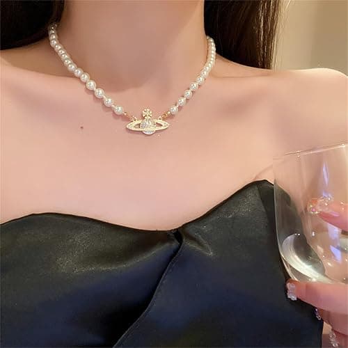 Pearl Saturn Necklace for Women Rhinestone Planet Choker Artificial Pearl Necklace Birthday Party Anniversary Ladies' Wedding Charm Jewelry Gift thumbnail 3