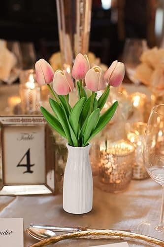 Briful 2 Packs Faux Flowers Artificial Tulips with Ceramic Vase, Poly Foam Pink Tulips Real Touch Flower Arrangement for Home Kitchen Wedding Centerpiece Decoration thumbnail 2